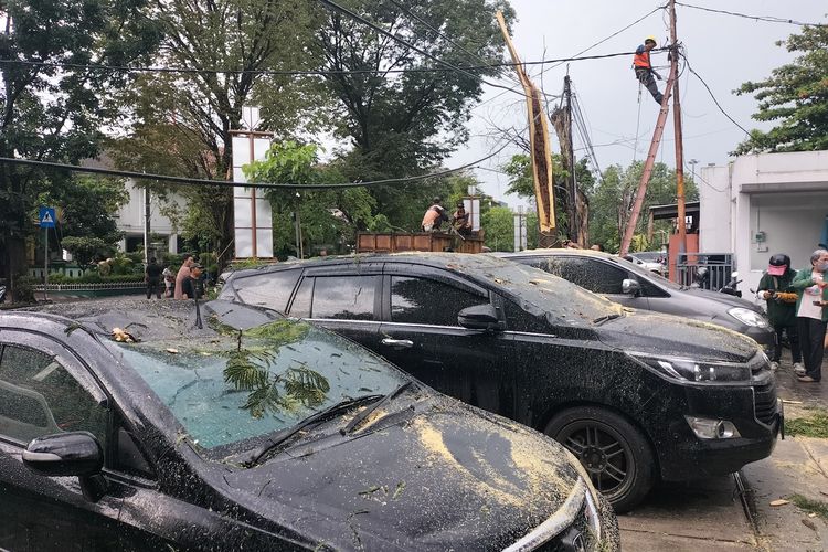 Hujan disertai angin terjadi di Kota Solo, Jawa Tengah, membuat pohon tumbang menimpa tiga kendaraan, Kamis (19/1/2023).