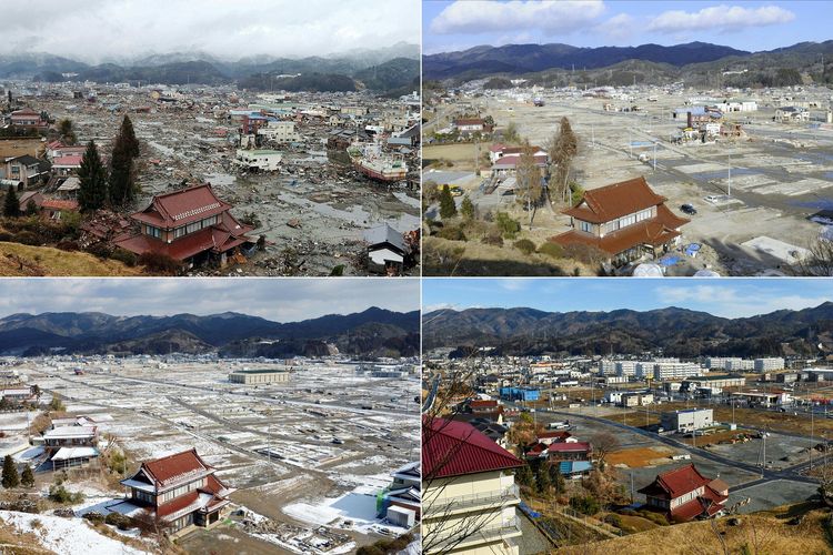 Kombinasi foto yang dibuat pada 4 Maret 2021 menunjukkan kerusakan (kiri atas) yang disebabkan tsunami pada 11 Maret 2011, dilihat dari kota Kesennuma, Prefektur Miyagi, Jepang. Are yang sama pada 14 Januari 2012 (kanan atas), kemudian pada20 Februari 2013 (kiri bawah), dan pada Februari ini (kanan bawah).