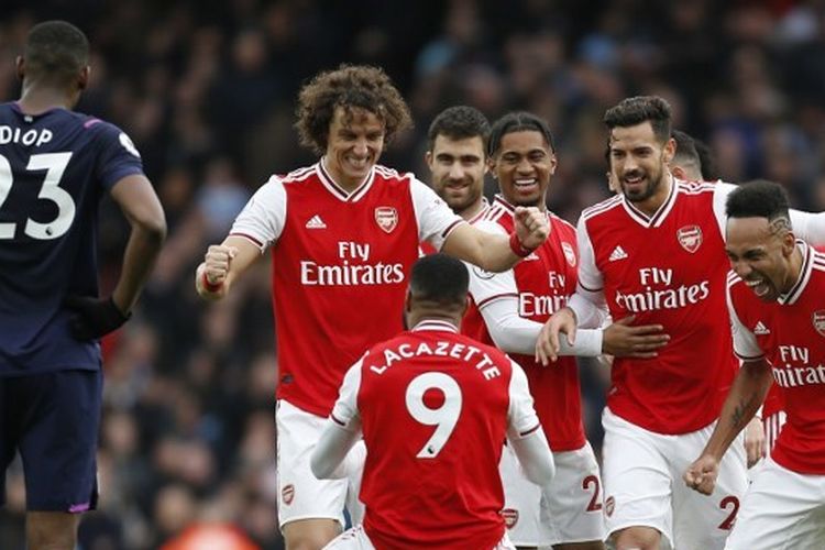 Alexandre Lacazette dalam laga Arsenal vs West Ham pada pekan ke-29 Liga Inggris