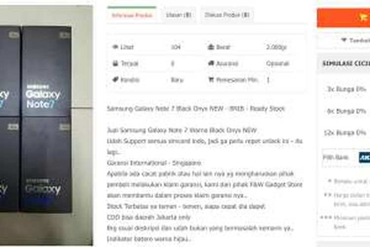 Galaxy Note 7 yang ditawarkan salah satu pedagang online di situs e-commerce lokal