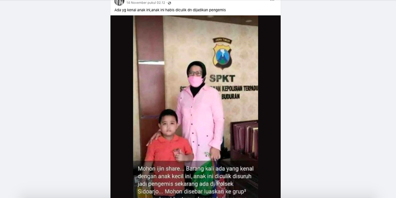 Tangkapan layar hoaks anak di Sidoarjo diculik dan dijadikan pengemis