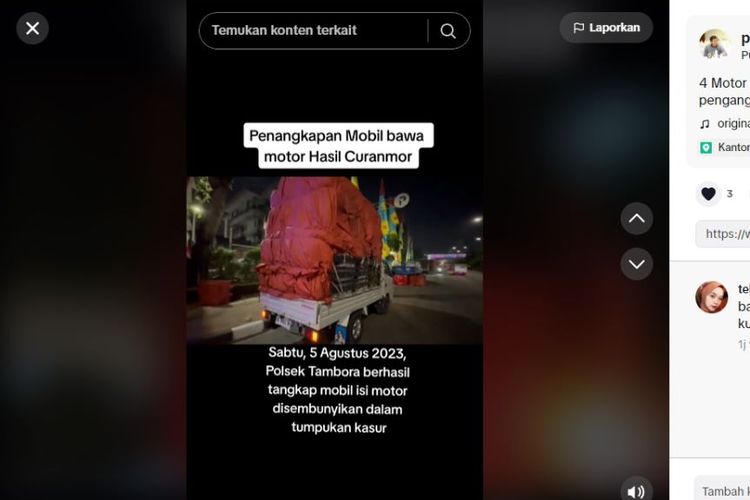 Motor curian ditutupi kasur dan dikirim menggunakan truk