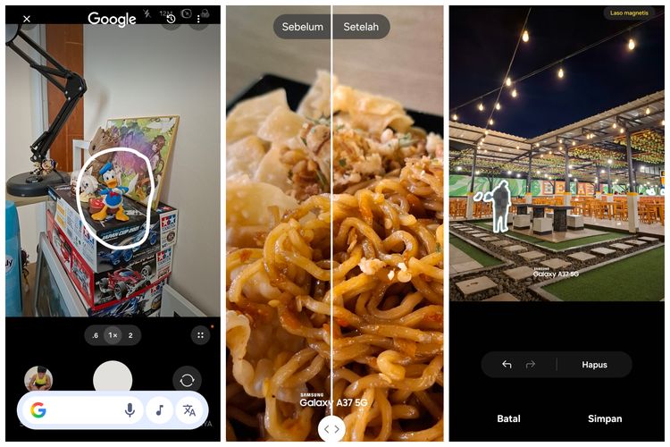 Fitur AI Circle to Search (kiri), Remaster (tengah), dan Erase Object (kanan) di Samsung Galaxy A37 5G.