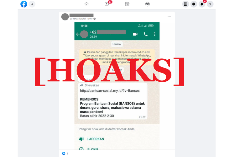 Tangkapan layar unggahan hoaks di sebuah akun Facebook, tentang pesan dan link mengatasnamakan bantuan Kemensos untuk dosen, guru, siswa, dan mahasiswa.