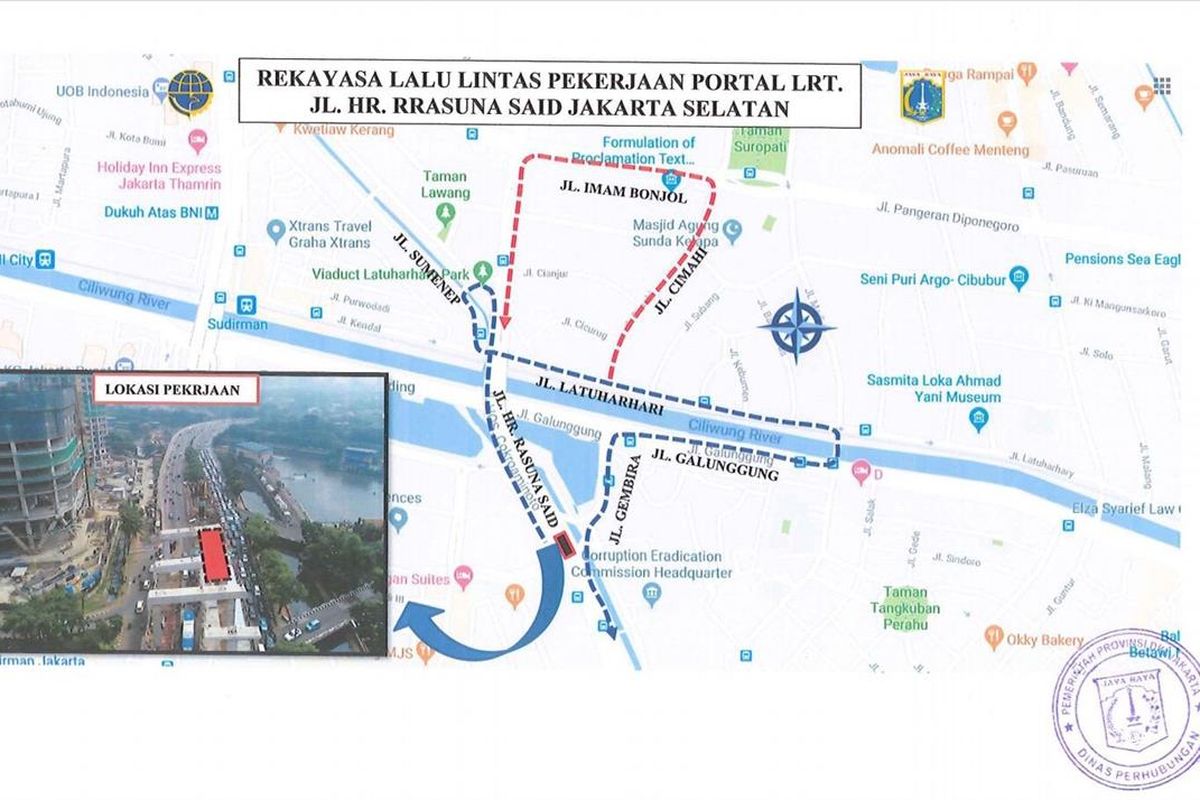 Rute rekayasa lalu lintas pengerjaan LRT Jabodebek Cawang - Dukuh Atas Jl. HR Rasuna Said sejak 3 Agustus 2019 hingga 30 Mei 2020