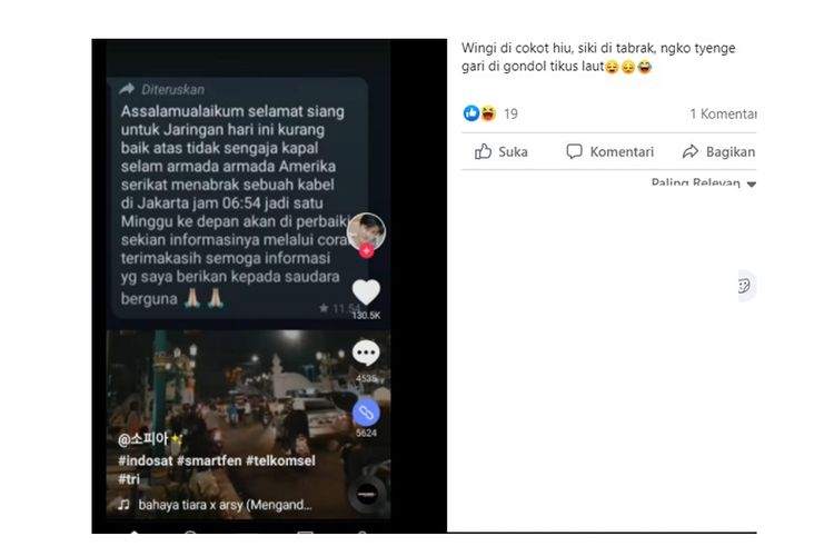 Unggahan hoaks yang menyebut WhasApp, Instagram, dan Facebook down karena kabel ditabrak kapal selam AS