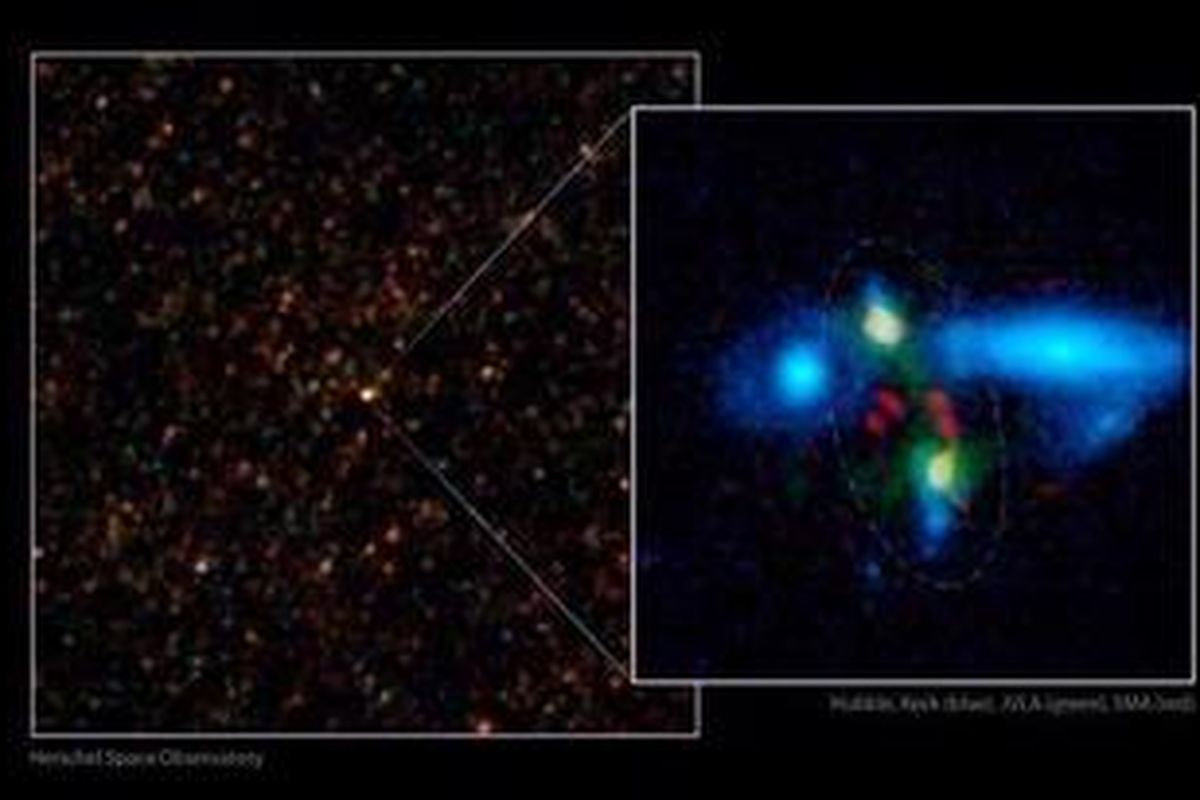 Citra Herschel menunjukkan galaksi HXMM01 hasil tabrakan dua galaksi pada 3 miliar tahun setelah Big Bang. Sementara citra Hubble menunjukkan dua galaksi yang merger sebelumnya. 