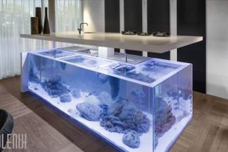 Meja dapur istimewa dengan akuarium di bawahnya. Meja ini buatan Kolenik Eco Chic Design.