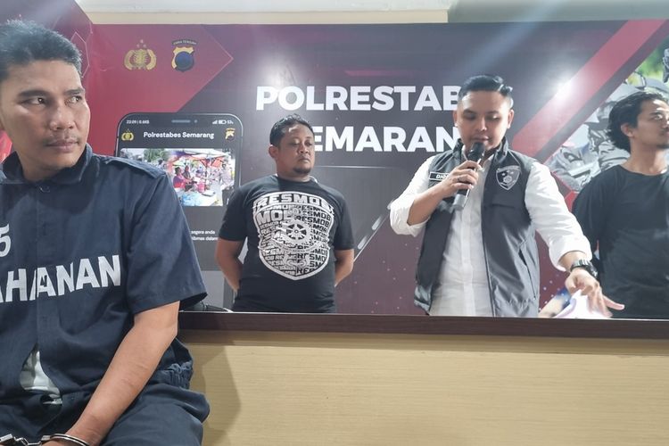 Tersangka penganiayaan menghadiri jumpa pers di Polrestabes Semarang, Senin (12/6/2023).
