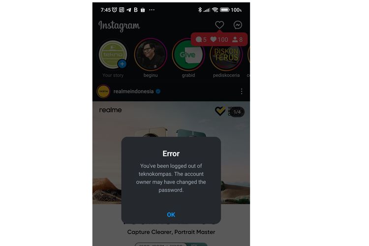 Tangkapan layar pop up notifikasi akun IG keluar sendiri saat Instagram down hari ini, Jumat (22/3/2024) pagi.