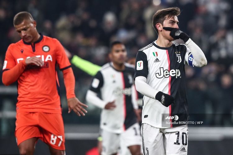Penyerang Juventus, Paulo Dybala, merayakan gol keduanya ke gawang Udinese pada laga Coppa Italia, Kamis (16/1/2020) dini hari WIB.