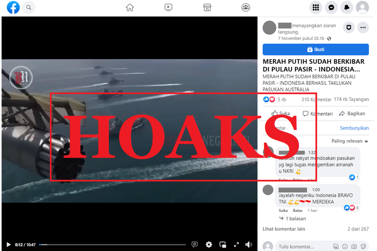 Tangkapan layar unggahan dengan narasi hoaks di sebuah akun Facebook, Senin (7/11/2022), soal video yang menarasikan bahwa bendera Merah Putih telah berkibar di Pulau Pasir. Faktanya, status kepemilikan Pulau Pasir masih dipegang oleh Australia.