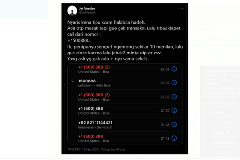 Viral Unggahan Modus Penipuan Nomor Telepon +1500888 Atas Nama BCA