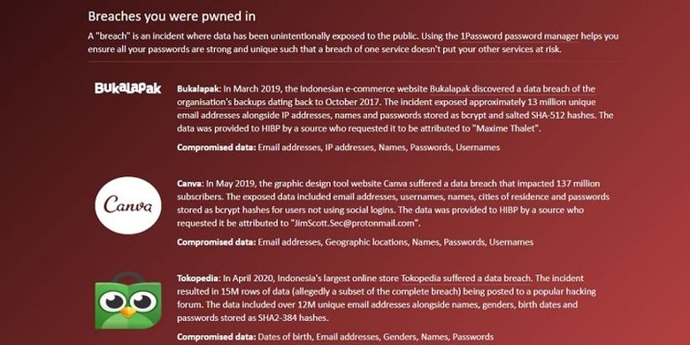 Tangkapan layar laman Have I Been Pwned yang memberikan informasi akun di paltform mana saja yang terdampak kasus kebocoran data.