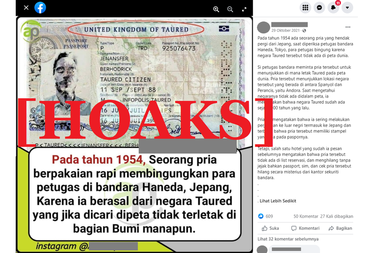 Tangkapan layar unggahan hoaks di sebuah akun Facebook, tentang pria misterius asal Taured bernama Jenansfer Berhodrick yang datang ke Jepang pada 1954