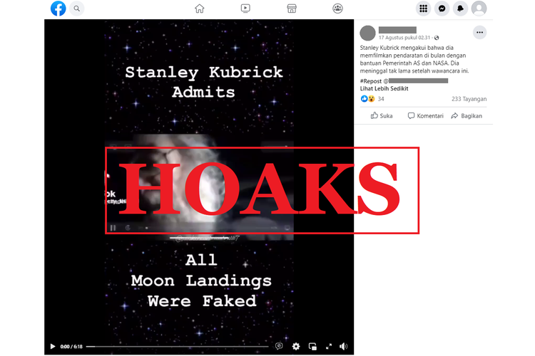 Tangkapan layar unggahan dengan narasi hoaks di sebuah akun Facebook, Rabu (17/8/2022), menampilkan video kesaksian Stanley Kubrick soal rekayasa pendaratan di Bulan.