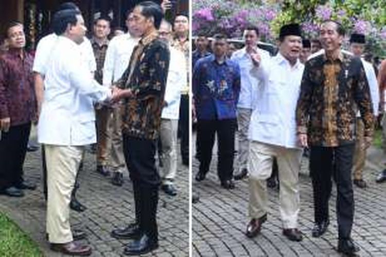 Presiden Joko Widodo bertemu dengan Ketua Umum Partai Gerindra Prabowo Subianto di kediaman Prabowo di Hambalang, Bogor, Senin (31/10/2016) siang. Dalam pertemuan tertutup sekitar dua jam, Jokowi mengaku membicarakan berbagai persoalan dengan Prabowo mulai dari politik hingga masalah ekonomi.