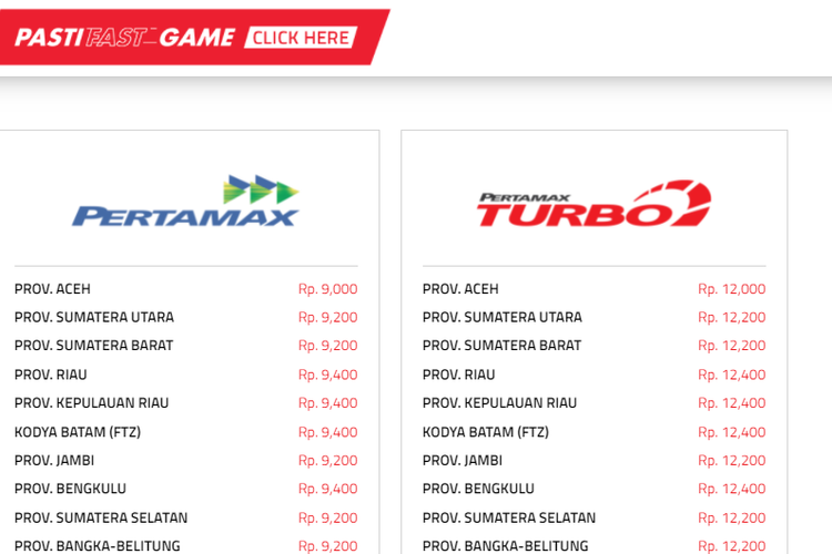Tangkapan layar perbandingan harga BBM Pertamax dengan Pertamax Turbo.