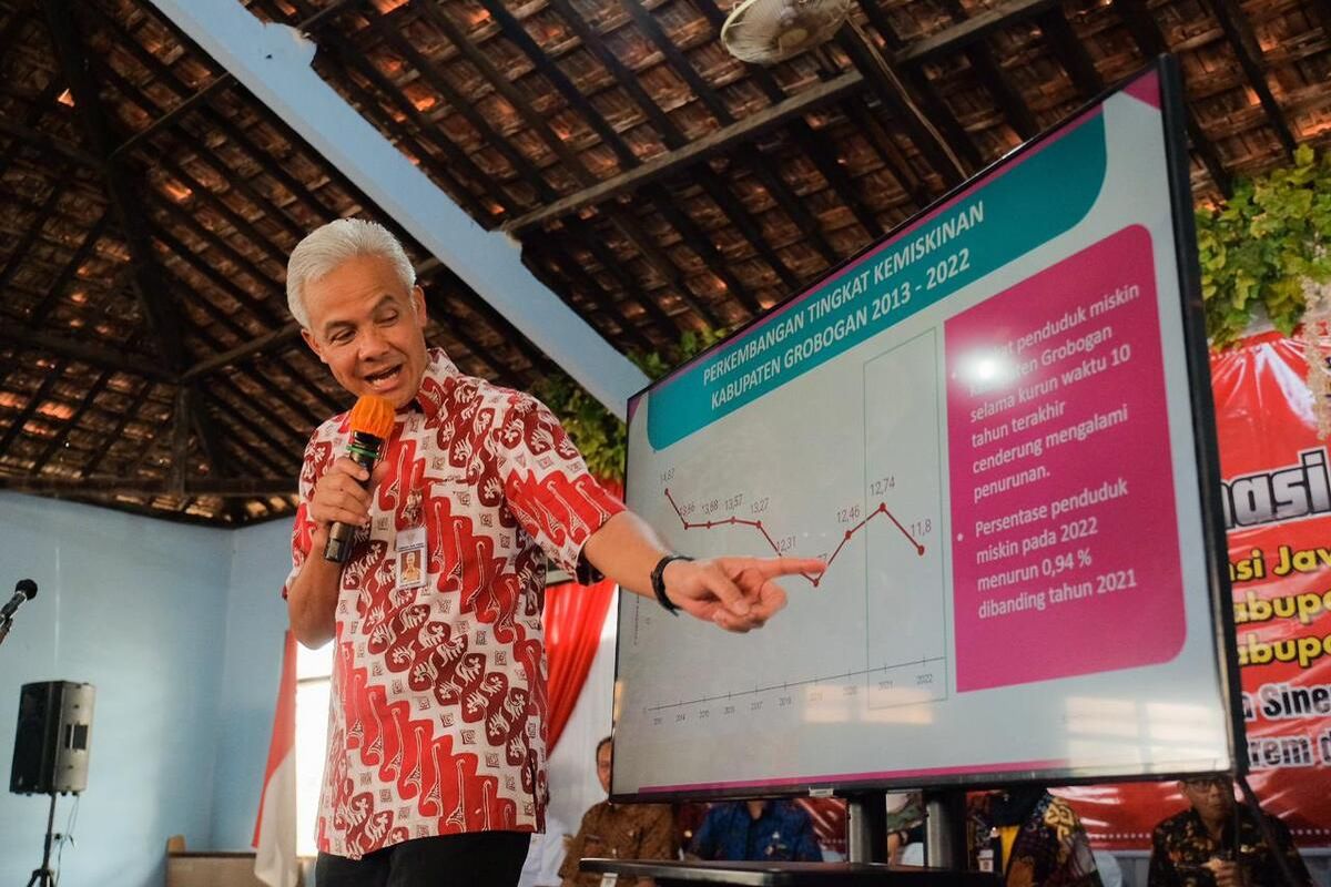 Gubernur Jateng Ganjar Pranowo usai rapat koordinasi percepatan penanganan kemiskinan ekstrem untuk Kabupaten Grobogan dan Demak di Kantor Desa Mlilir, Kecamatan Gubug, Kabupaten Grobogan, Rabu (24/1/2023).