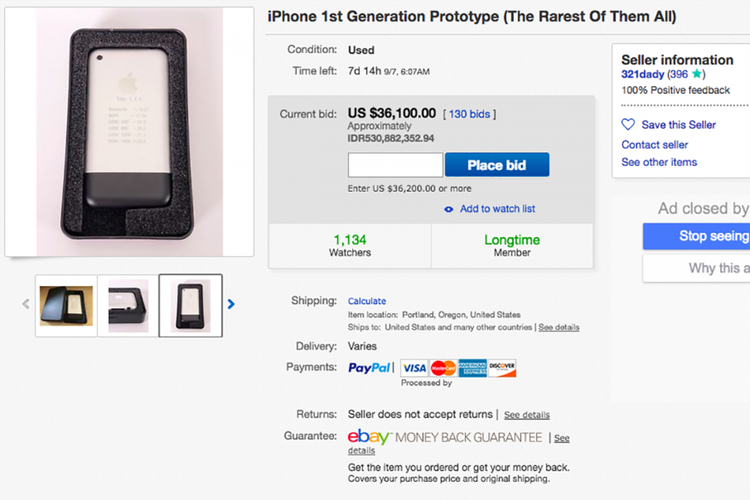Listing perangkat yang diklaim sebagai prototype iPhone generasi pertama di eBay.