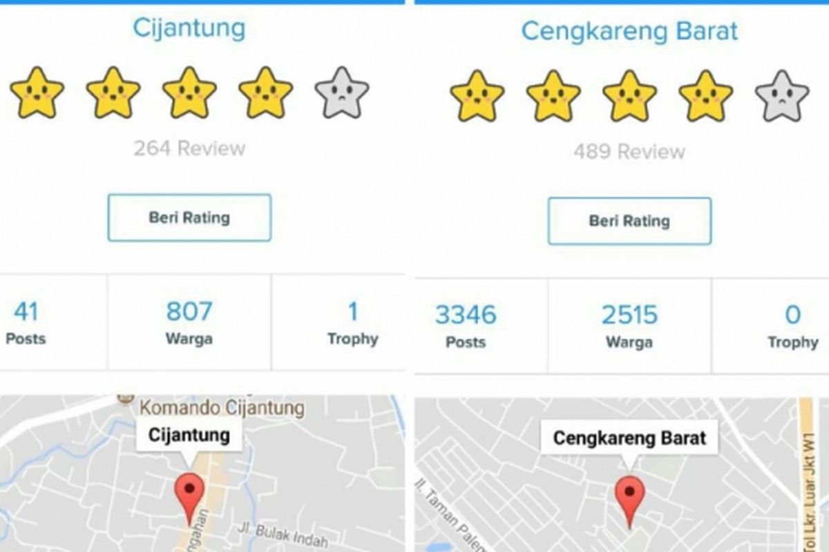 Perbandingan peringkat antara Kelurahan Cengkareng Barat dan Kelurahan Cijantung dalam aplikasi qlue, Jumat (1/9/2017).