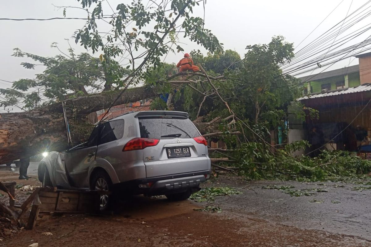 Mobil yang ditimpa pohon tumbang di Jalan Raya Kalimulya, Kelurahan Kalimulya, Cilodong, Kota Depok, pada Minggu (26/9/2021) sore. 
