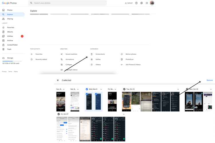 Ilustrasu cara hapus screenshots di Google Photos