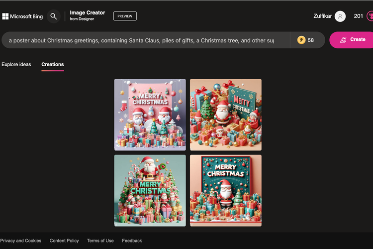 Ilustrasi cara membuat gambar ucapan selamat Natal 2023 via Bing Image Creator.