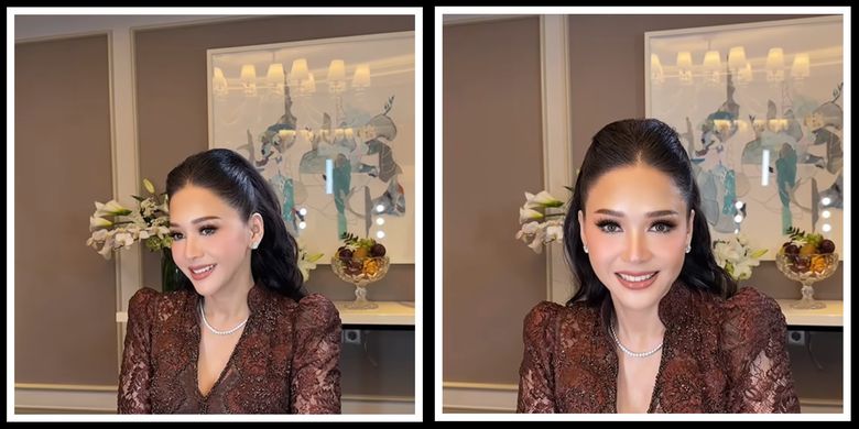 Maia Estianty tampil anggun menggunakan gaun brokat berwarna coklat saat menghadiri intimate dinner pernikahan Al Ghazali dengan Alyssa Daguise pada malam setelah akad, Senin (16/6/2025).