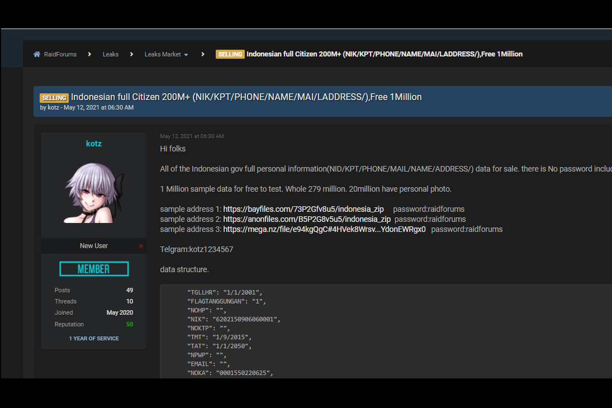 Tangkapan layar situs jual beli Raid Forums, di mana salah satu anggotanya menjual dataset yang diklaim milik 279 juta penduduk Indonesia.