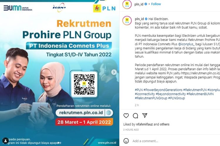 Informasi lowongan kerja atau rekrutmen PLN di PT Indonesia Comnets Plus yang dibuka sampai 4 April 2022