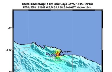 Peta Gempa M 5,4 Jayapura, Senin (9/2/2023) pukul 13.28.02 WIB