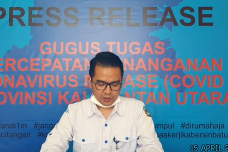 Tangkapan layar konferensi video Juru Bicara Tim Gugus Tugas Penanganan Covid-19 di Kalimantan Utara (Kaltara) Agust Suwandy saat melaporkan  penambahan empat pasien positif di Kaltara, Rabu (15/4/2020). 