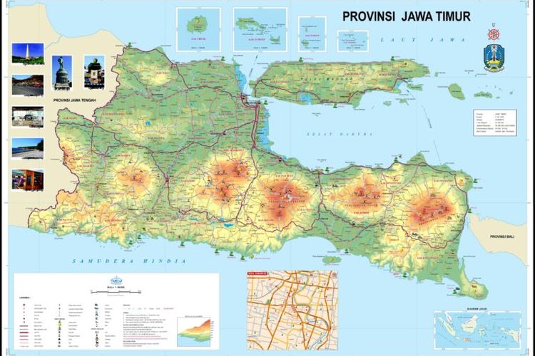 Peta Provinsi Jawa Timur yang wilayahna terbagi menjadi 29 kabupaten dan 9 kota.
