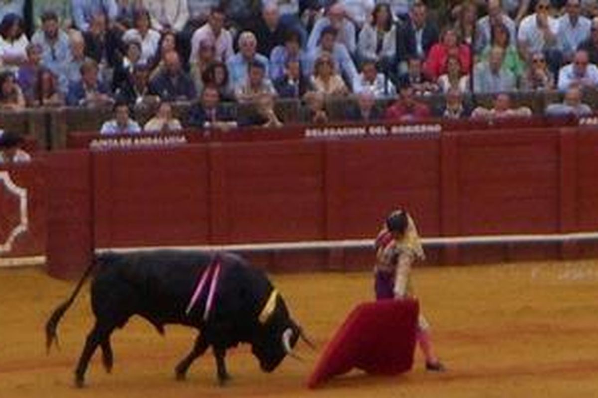 Aksi matador dalam adu banteng di Seville di Spanyol.