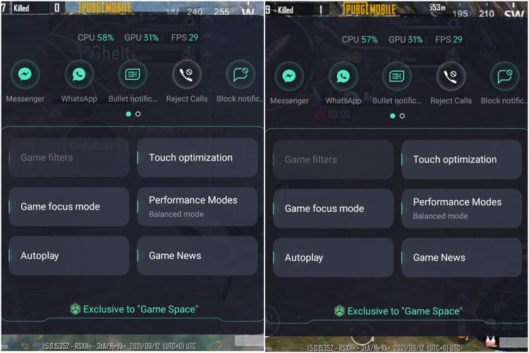 PUBG Mobile di Oppo Reno6 dalam mode performa Balanced Mode.