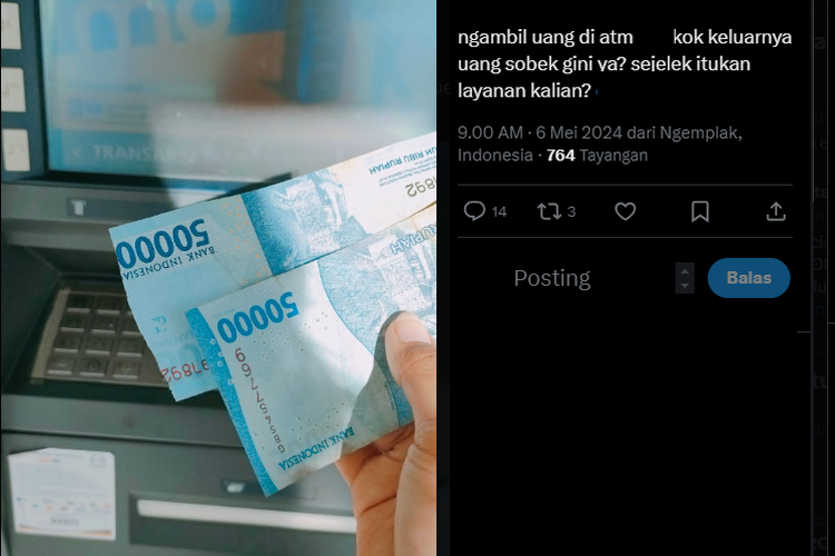 Tangkap layar unggahan menarik uang sobek dari ATM [Twitter/@septianipip].