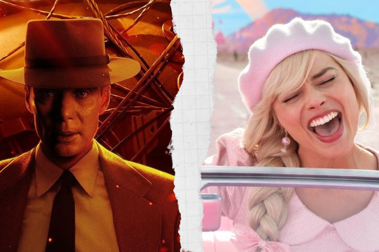 Film blockbuster Oppenheimer (kiri) dan Barbie (kanan). Daftar pemenang Golden Globes 2024.