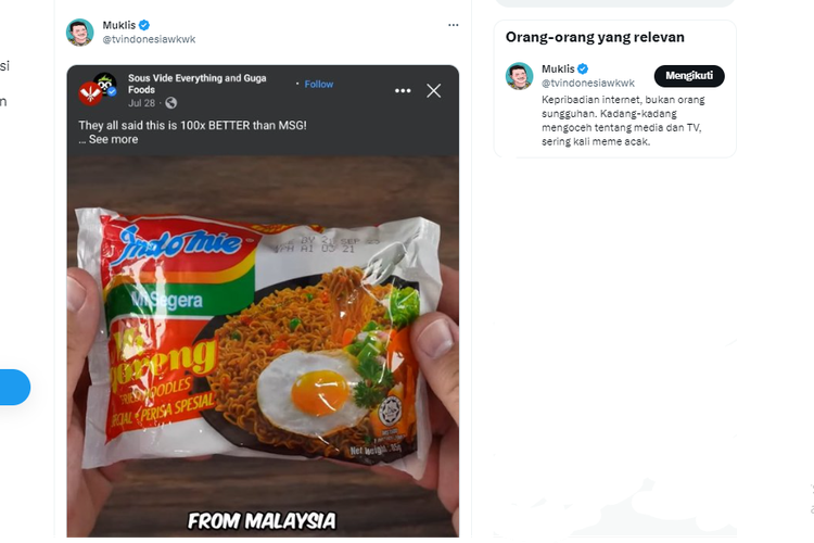 Tangkapan layar unggahan yang memuat kemasan Indomie produksi Malaysia.