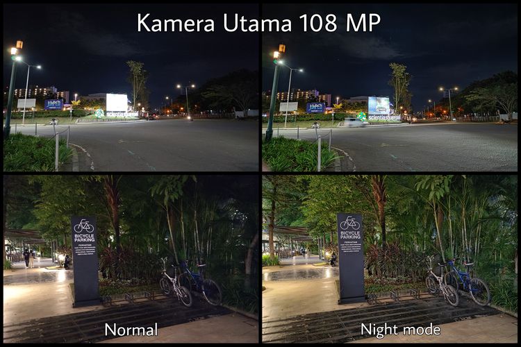 Perbandingan hasil foto menggunakan kamera utama 108 MP mode normal (kiri) dengan night mode (kanan). Hasilnya, night mode dapat menghasilkan gambar lebih terang dan tajam saat minim cahaya atau saat malam hari, misalnya.