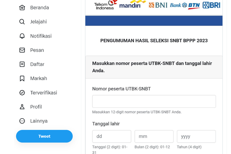 Tangkapan layar tampilan website untuk mengecek hasil seleksi UTBK-SNBT 2023.