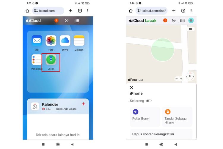 Ilustrasi cara melacak iPhone hilang pakai HP Android via iCloud.com.