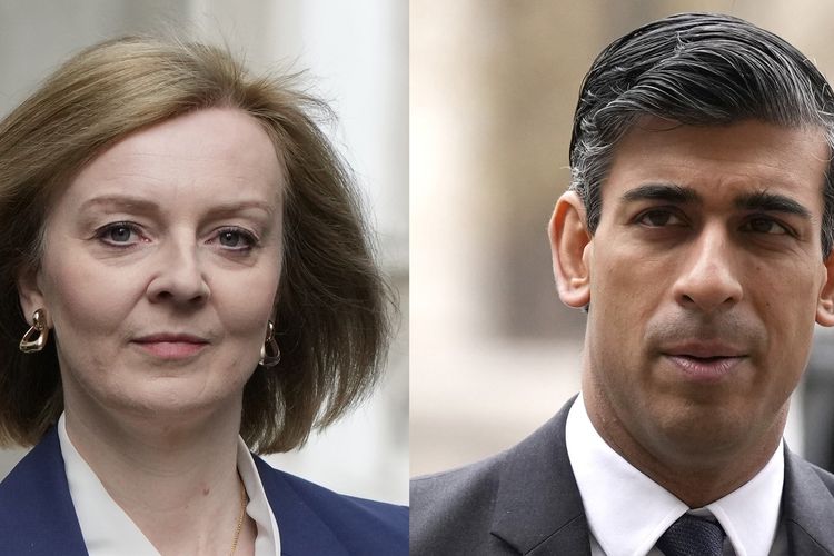 Calon perdana menteri Inggris, Menteri Luar Negeri Liz Truss (kiri) dan mantan Menteri Keuangan Rishi Sunak (kanan), bersaing untuk menggantikan Boris Johnson.