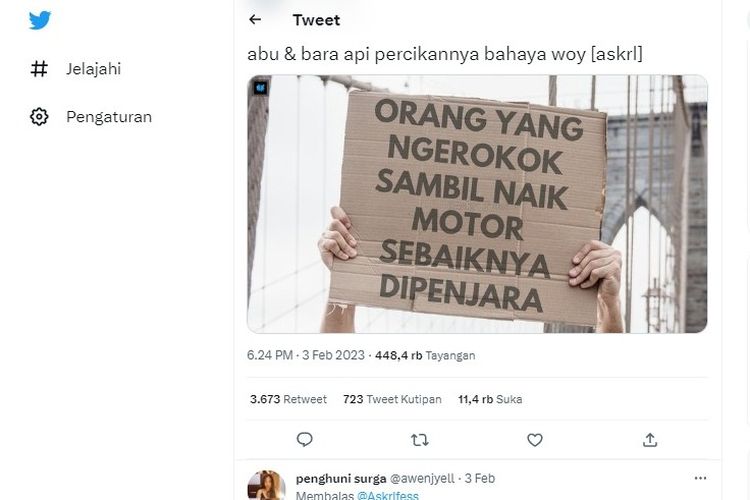 Unggahan foto tentang bahaya merokok saat berkendara.