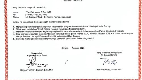 KPK Serahkan Pakta Integritas PJ Bupati Sorong Menangkan Ganjar ke Lembaga Berwenang