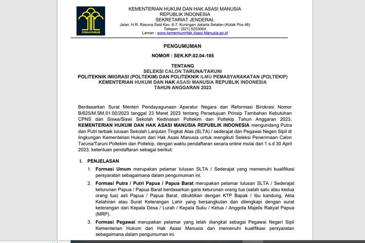 Tangkapan layar informasi pembukaan pendaftaran Poltekip dan Poltekim Kemenkumham 2023.