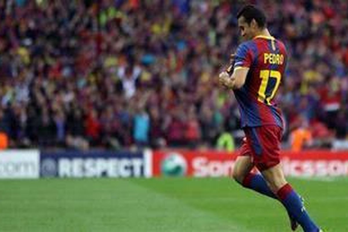 Penyerang Barcelona, Pedro Rodriguez, merayakan golnya ke gawang Manchester United, pada final Liga Champions, di Wembley, Sabtu (28/5/2011).