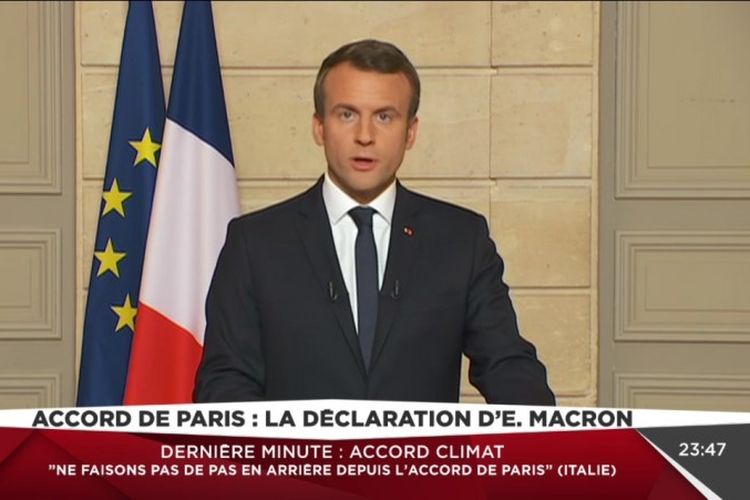 Presiden Perancis Emmanuel Macron dalam pidato televisinya menanggapi keputusan Presiden AS Donald Trump memutuskan keluar dari kesepakatan iklim Paris.