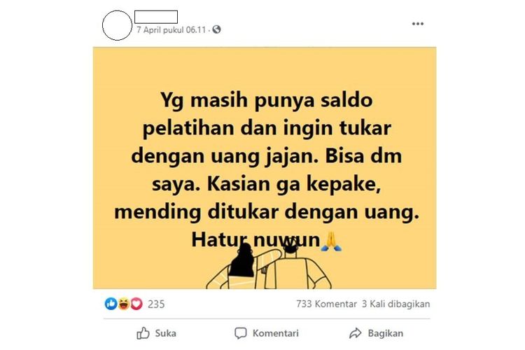 Tangkapan layar unggahan yang berisi penawaran penukaran sisa saldo Kartu Prakerja menjadi uang tunai.