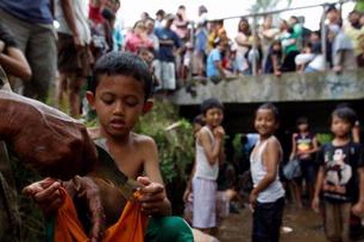 Warga berbagai usia bersama-sama menangkap ikan atau munday di Sungai Cipamali Desa Pasir Eurih, Kecamatan Taman Sari, Kabupaten Bogor, Kamis (20/1/2011). Sebanyak dua kuintal ikan mas sengaja dilepas di sungai ini dan ditangkap bersama sebagai tradisi kebersamaan suku Sunda yang menjadi bagian dari rangkaian Seren Taun Guru Bumi yang puncaknya diselenggarakan 23 Januari mendatang. Selain itu, dalam tradisi ini juga diselenggarakan pentas kesenian tradisional, arak-arakan hasil panen bumi serta kegiatan sosial keagamaan.